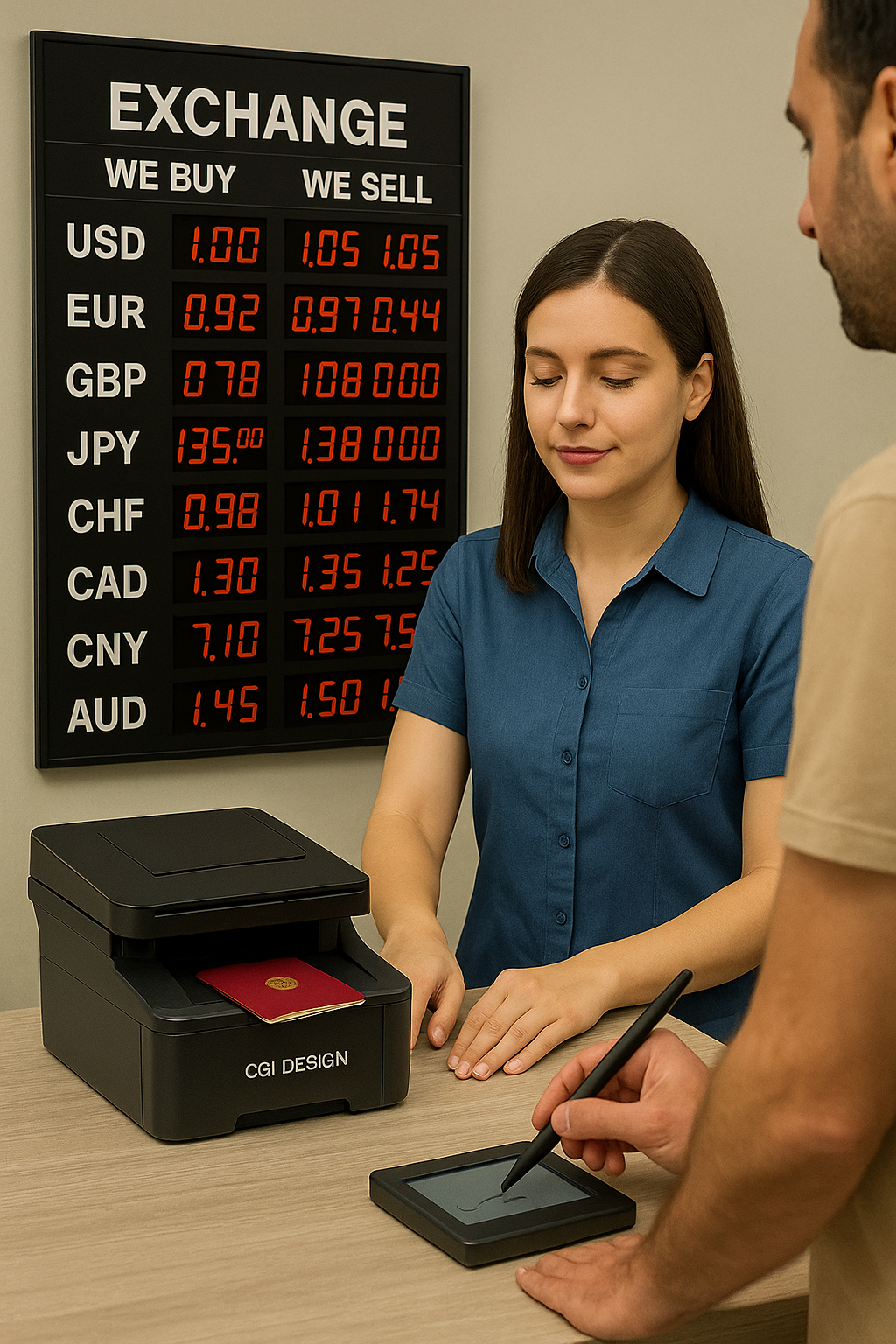 Logiciel POS de change de devises CGI Design, scanner passeport